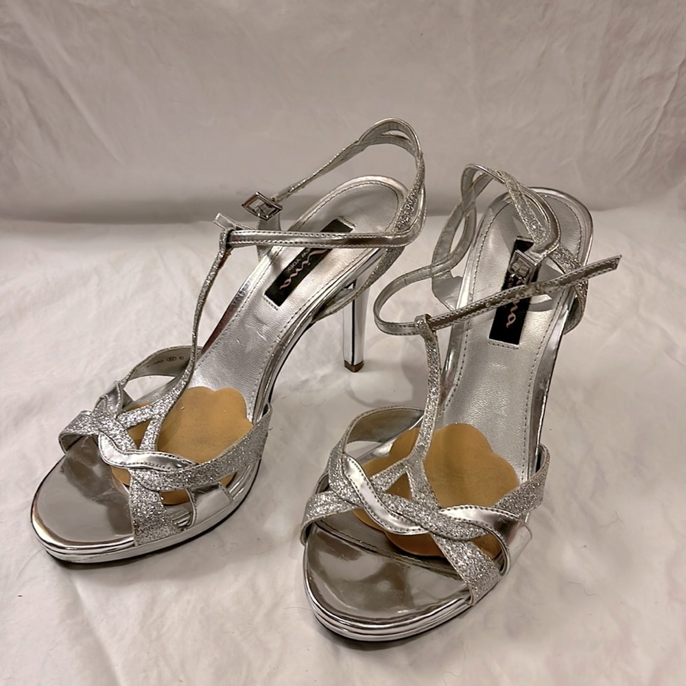 Silver high heeled sandals by Nina (perfect prom shoes 😍😍)